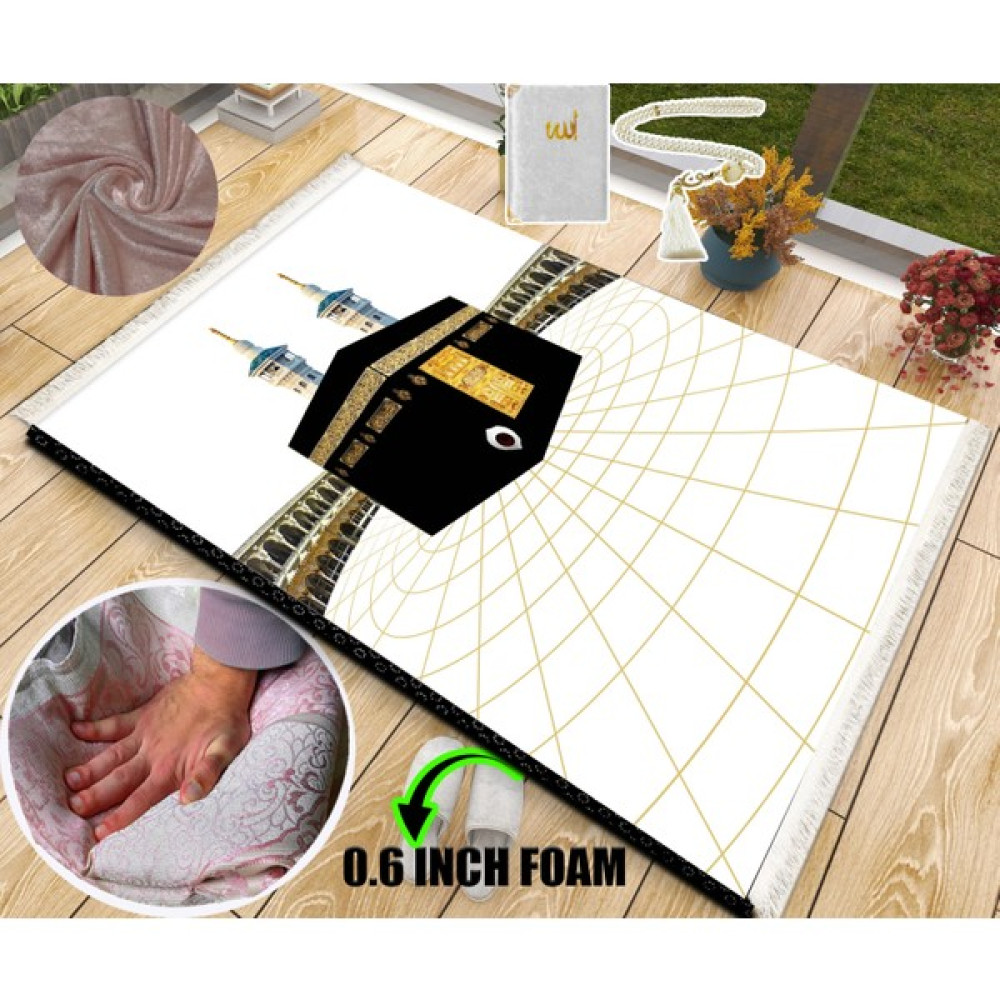 15 mm Kalın Süngerli Yumuşak Bambu Seccade Tespih Yasin Hediye Seti Kaymaz - 70 x 120 cm - Beyaz - Gold Seccade Fiyatı