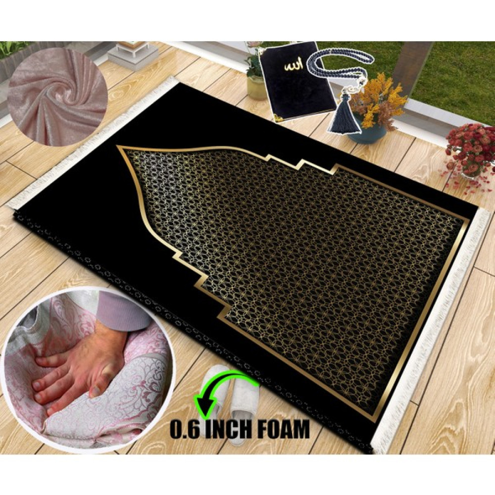 15 mm Kalın Süngerli Yumuşak Bambu Seccade Tespih Yasin Hediye Seti Kaymaz - 70 x 120 cm - Siyah - Gold Seccade Fiyatı