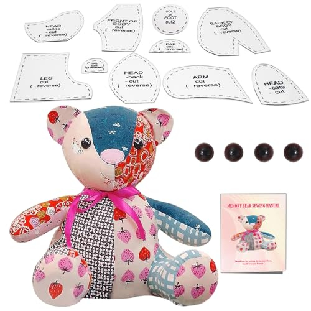 15in/Sitting Height 9in Fosdonge Acrylic Memory Bear Template Ruler Set with Detailed Instructions, Sewing Patterns for Beginners, Teddy Bear Quilting templates (Sitting Height 9in)