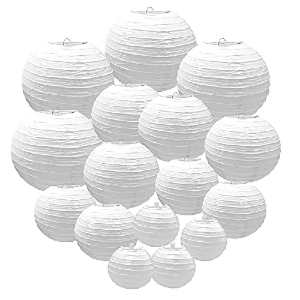 16 Pack White Paper Lanterns White Hanging Paper Lantern Decorative Round Chinese Paper Lanterns for Weddings, Birthdays, Party Decoration (4”, 6”, 8”, 10”)