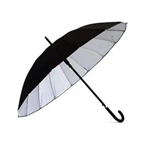 16 Telli Dışı Siyah Içi Gümüş Renk Baston Şemsiye Unisex Şemsiye 80 cm 555-1 Diğer Fiyatı