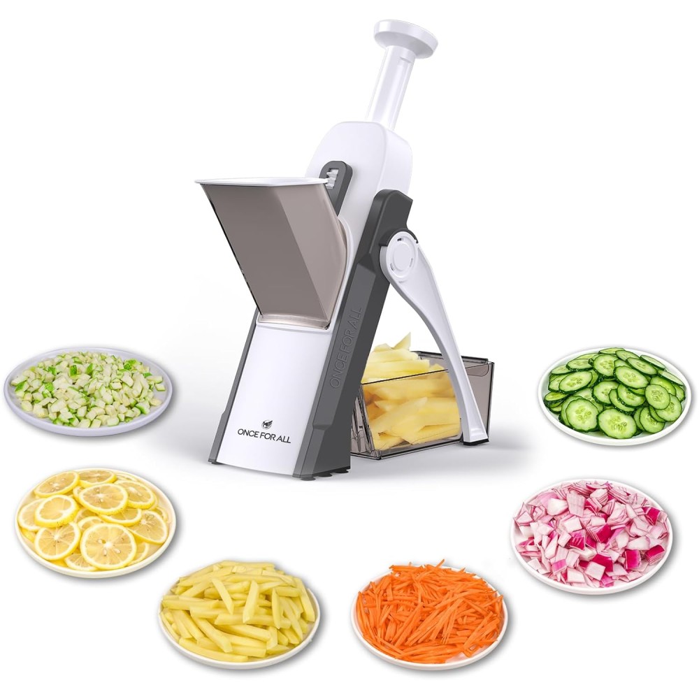 ONCE FOR ALL Safe Mandoline Slicer 5 in 1 Vegetable Chopper Food Potato Cutter, Strips Julienne Dicer Adjustable Thickness 0.1-8 mm Kitchen Chopping Artifact Fast Meal Prep (Gray) Knives and Knife Sets Fiyatı