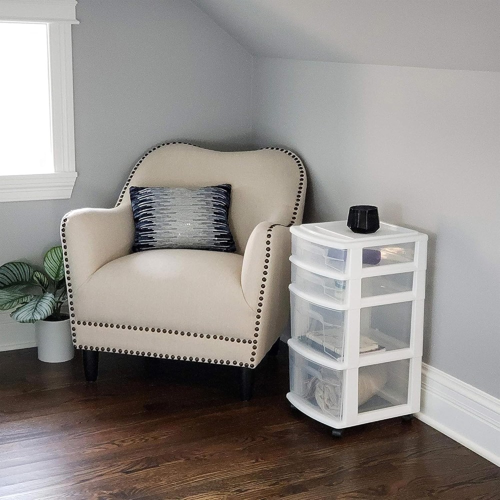 Drawer Tower, 4-Tier Clear Plastic Storage Organizer Cart, White Frame – Rolling Containers with Wheels for Bathroom, Bedroom, Office, and Classroom Organization