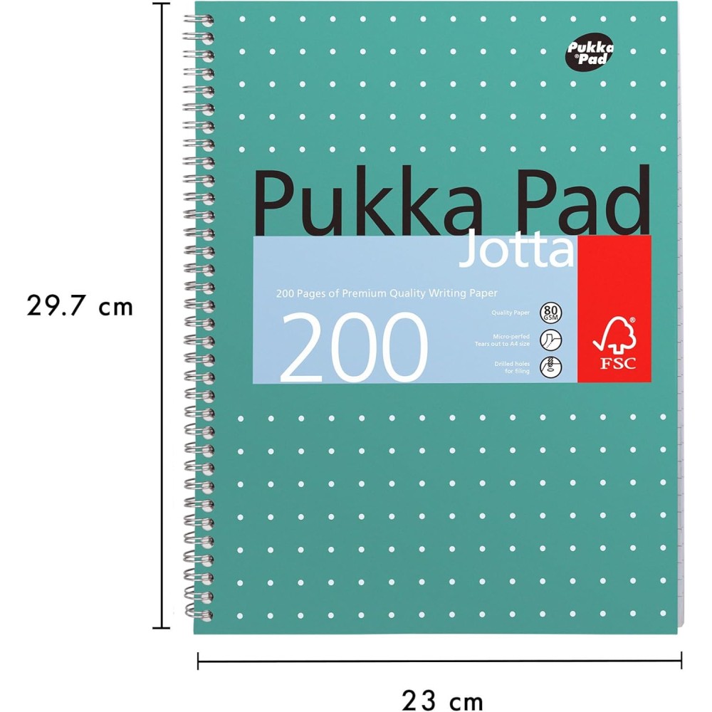 Pukka Pad, A5 Metallic Jotta Notebook Pack of 3 for Home, School and Office - 15 x 21 cm - Spiral Bound Notebook with 8mm Ruled and 80gsm Paper - Perforated Edges - 200 Pages, Green