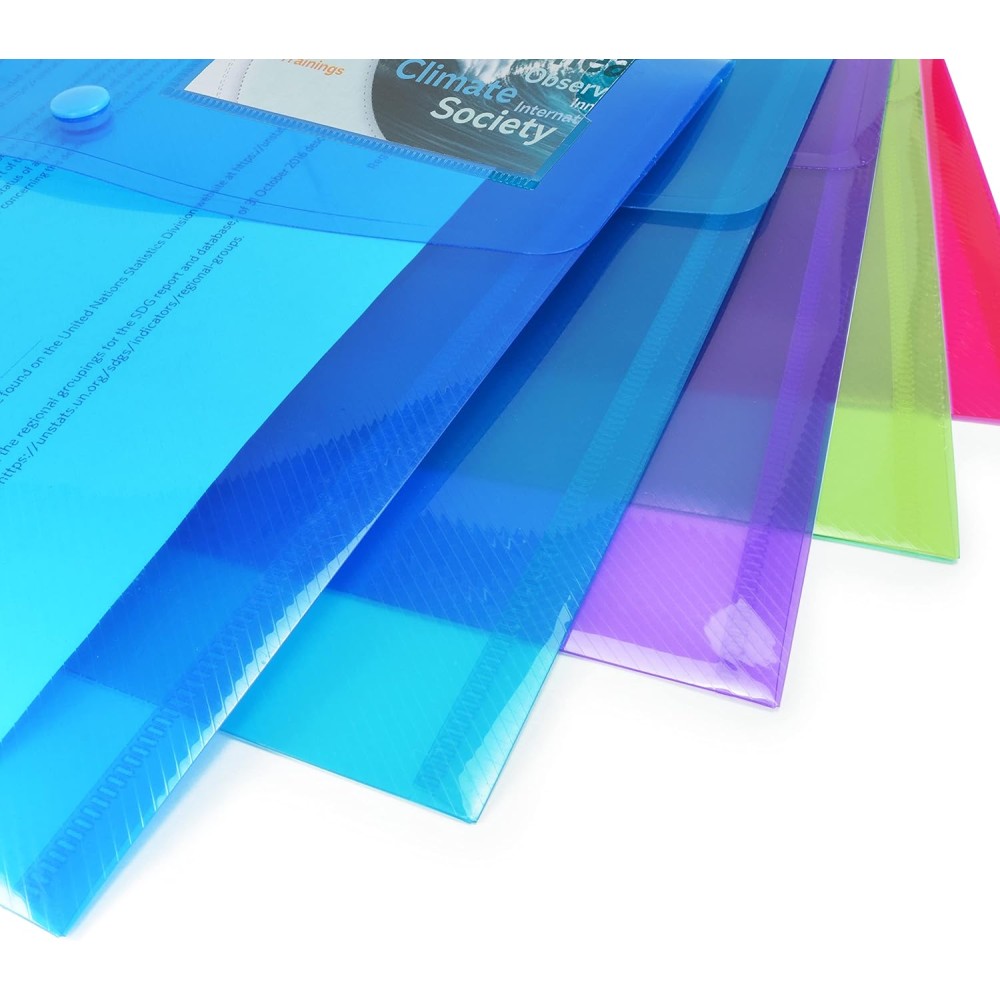 Rapesco 0700 ECO Recycled ID Popper Wallets, A4, Assorted Bright Transparent Colours, Pack of 5