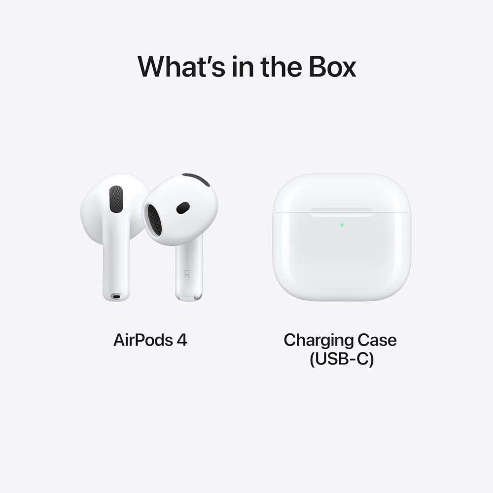 Apple AirPods 4 Wireless Earbuds, Bluetooth Headphones, Personalized Spatial Audio, Sweat and Water Resistant, USB-C Charging Case, H2 Chip, Up to 30 Hours of Battery Life