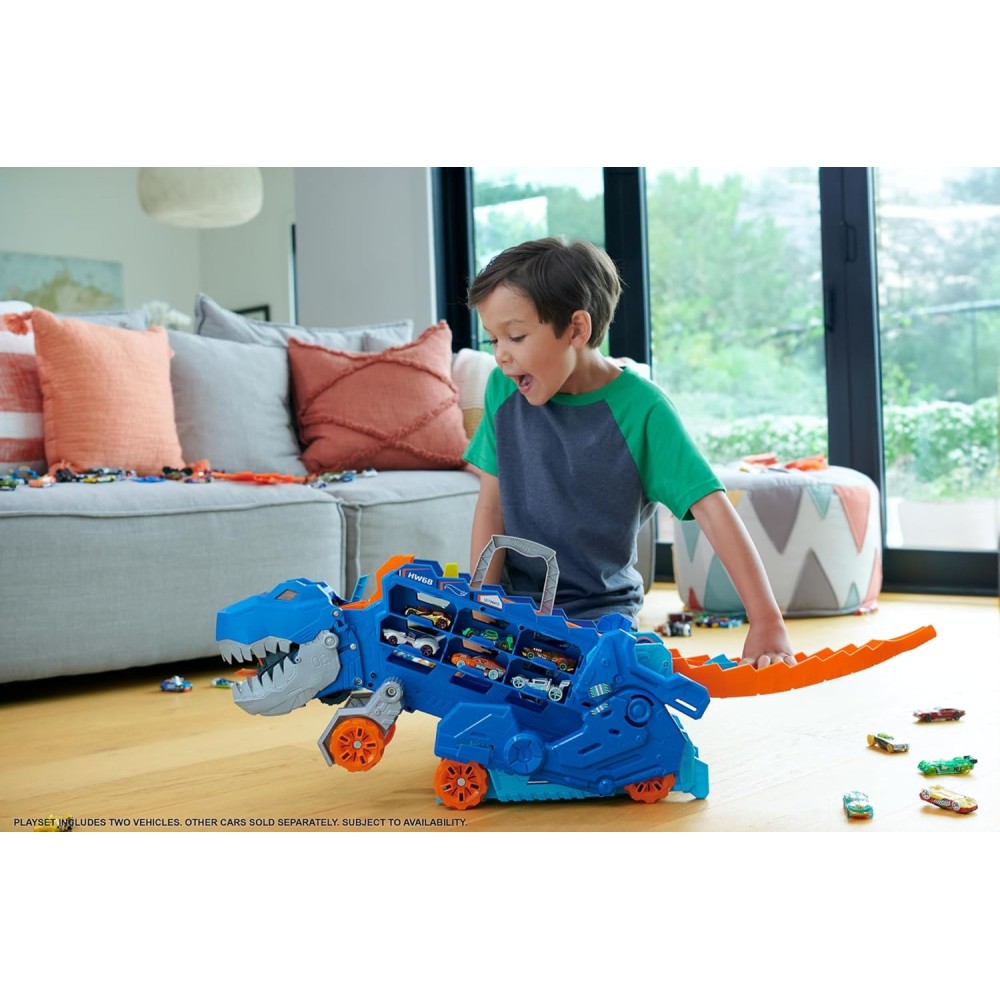Hot Wheels City Toy Car Track Set, Ultimate T-Rex Transporter, Hauler Transforms into Stomping Dino with Race Track, from Netflix Series “Let’s Race”