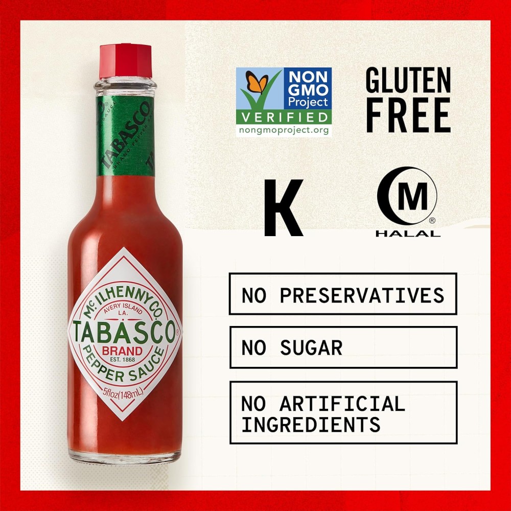 TABASCO Brand Original Red Pepper Hot Sauce, Medium Heat, Glass Bottle, Classic & Versatile Flavor, Three Simple Ingredients, Great for Dips, Tacos, Eggs, Pizza, Oysters & More, 5 Fl Oz (Pack of 1)