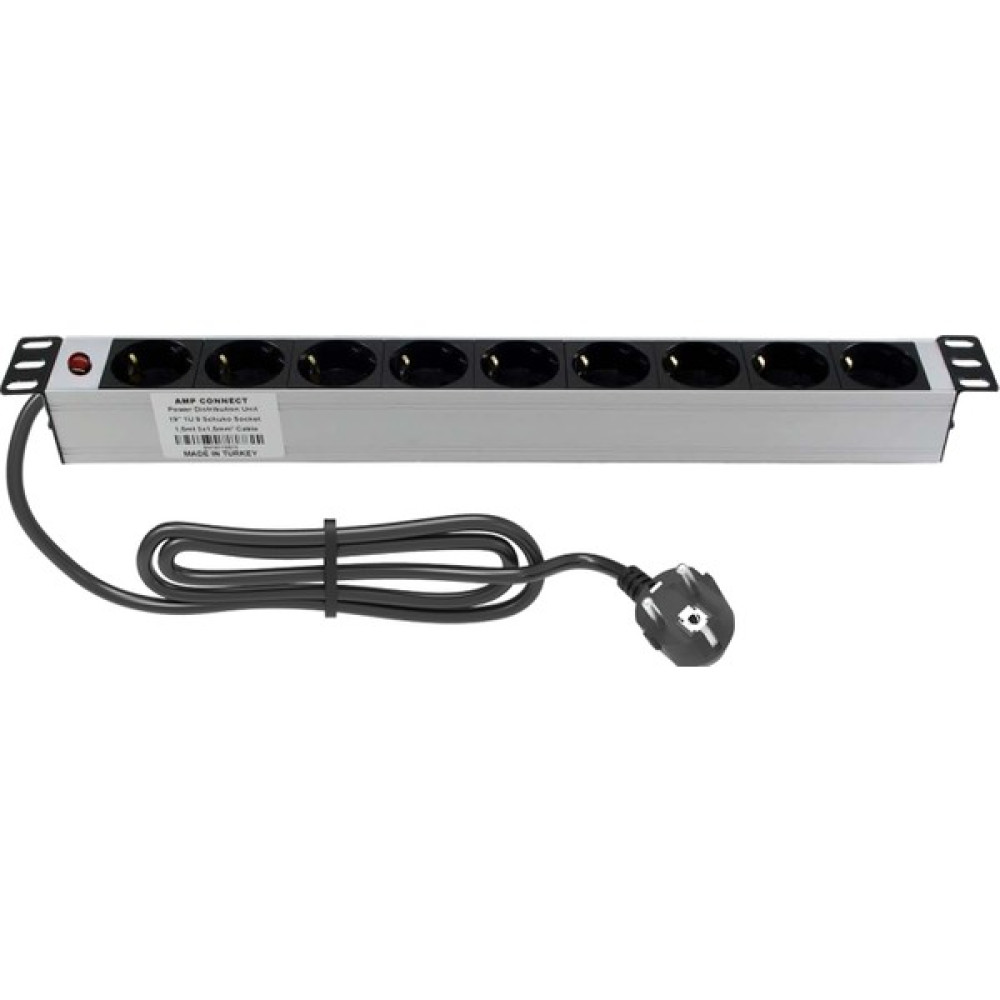 19" 1u  9 Way Schuko Type (DIN49440) Socket Power Indicator Light, 3x1,5 Mm² Nymhy Cable, DIN49441 Plug Aluminium Profile Frame  Pdu Oto Boyaları Fiyatı