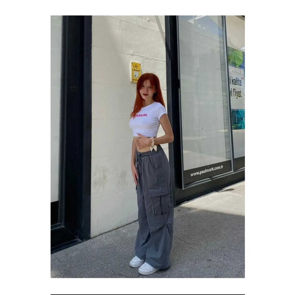 1blood GRİ Aşırı Bol Kalıp Y2k Kargo Cep Lastikli Unisex Baggy M Beden Kadın Pantolon Fiyatı