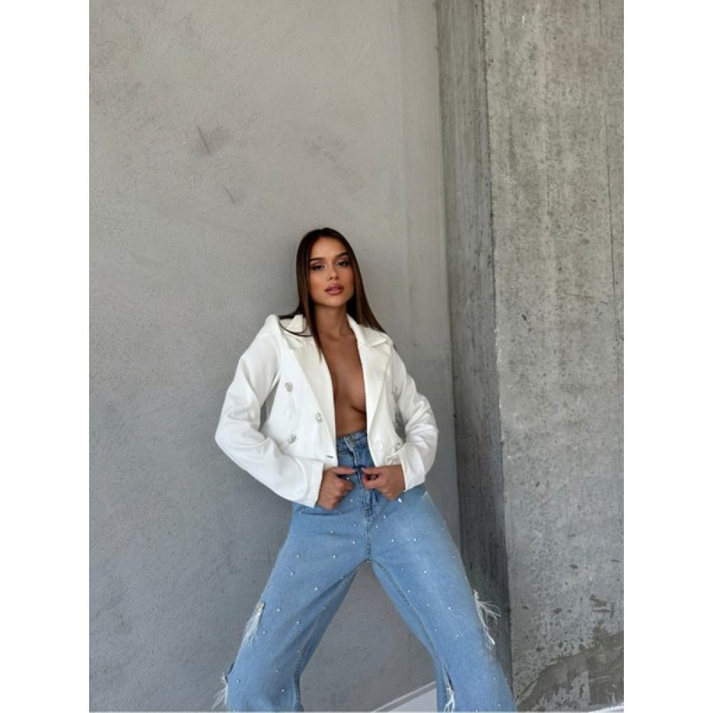 1moda1tarz Kadın Beyaz Mom Jeans Dokuma Ceket Astarlı Taş ve Püskül Kombin Tasarım alt-Üst takım Kadın Eşofman Fiyatı
