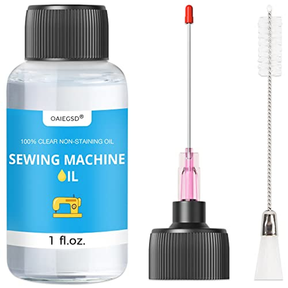 1oz Fine Light Sewing Machine Oil and Lubricant with Needle Tip and Dual-Ended Brush, Commercial & Industrial Mineral Sewing Machine Oil for Lubricating Moving Parts of Textile Machinery, by OAIEGSD