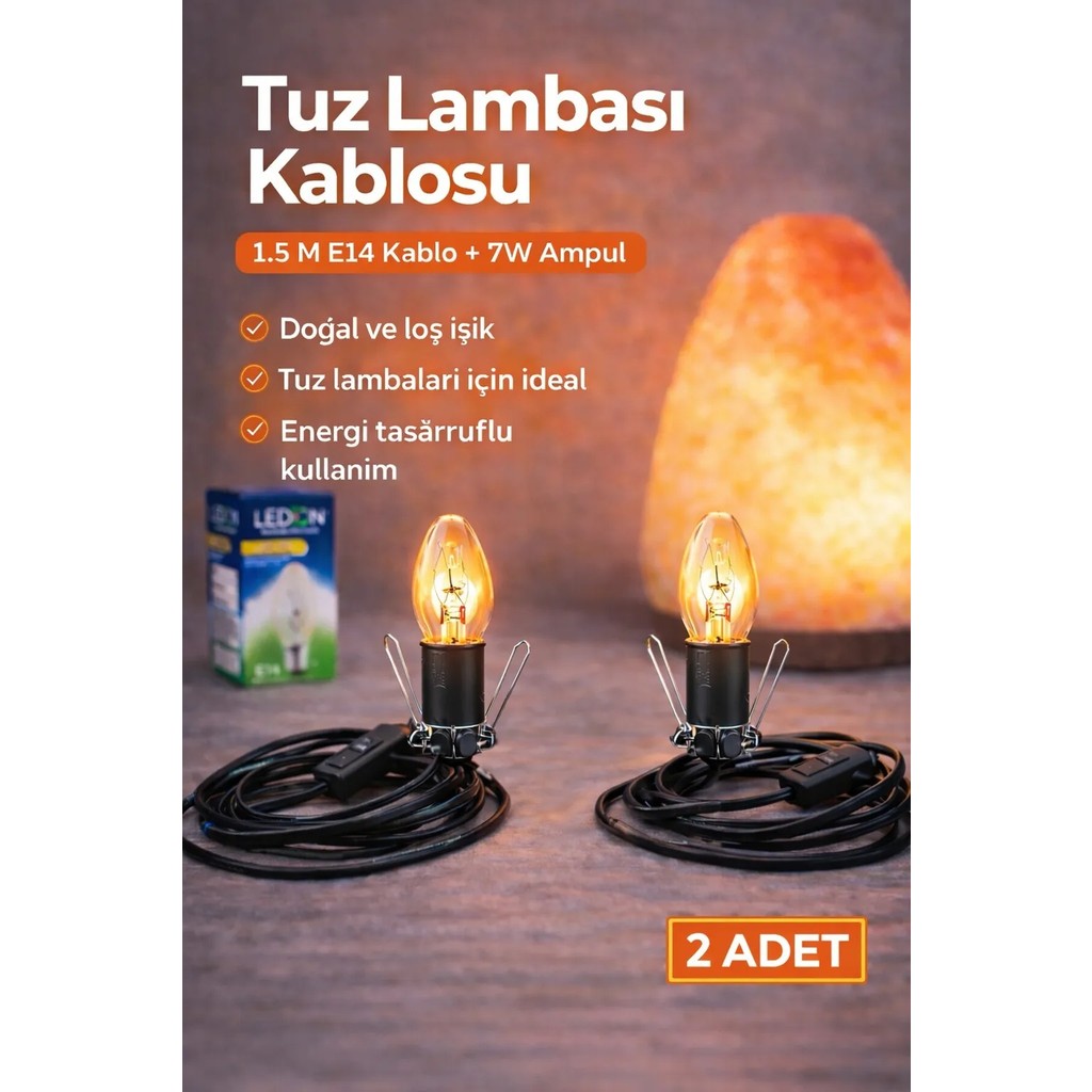 2 Adet- Doğal Kaya Tuzu Lambası Kablosu – 1,5 Metre Açma/kapama Düğmeli + Ampul Dahil - Sarı Gece Lambası Fiyatı