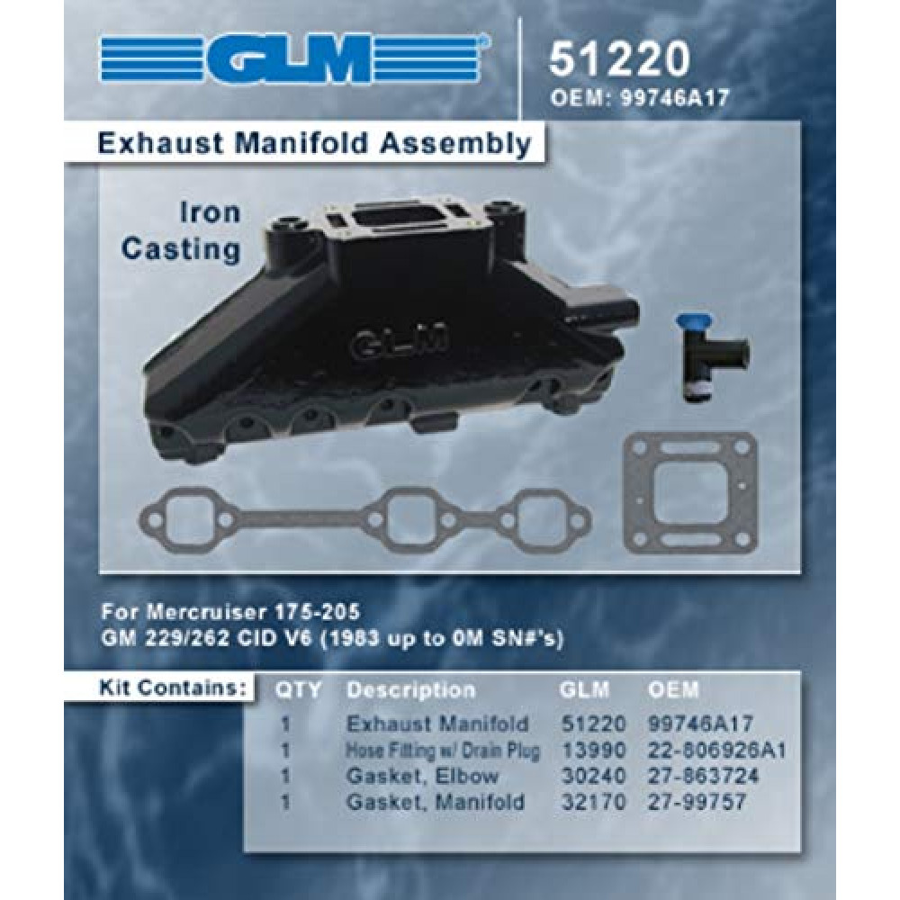 (2) GLM Mercruiser Exhaust wet joint manifolds compatible with GM 4.3L V6 (CAST IRON) | GLM : 51220; Mercury Part Number: 99746A17 (Pair of (2) Manifolds)