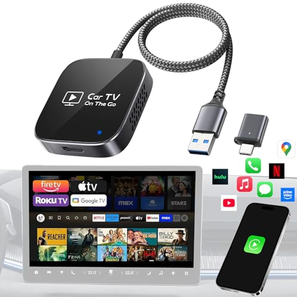 2-in-1 CarPlay TV Adapter, 2025 Upgraded Convert Wired CarPlay to HDMI for TV Stick [Metal & Glass Case] Car TV Mate Pro/Wireless Apple Car Play Dongle, ONLY for Vehicles with Wired CarPlay from 2016