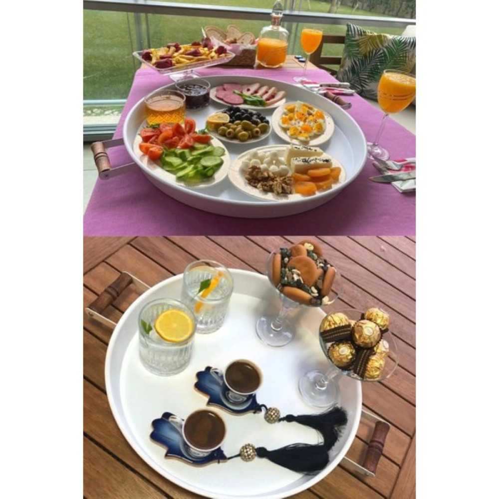 2 Li Ahşap Kulplu 51 cm Metal Tepsi ve 37 cm Beyaz Tepsi Çay Kahve Sunum Servis Tepsisi Servis Tepsisi Fiyatı