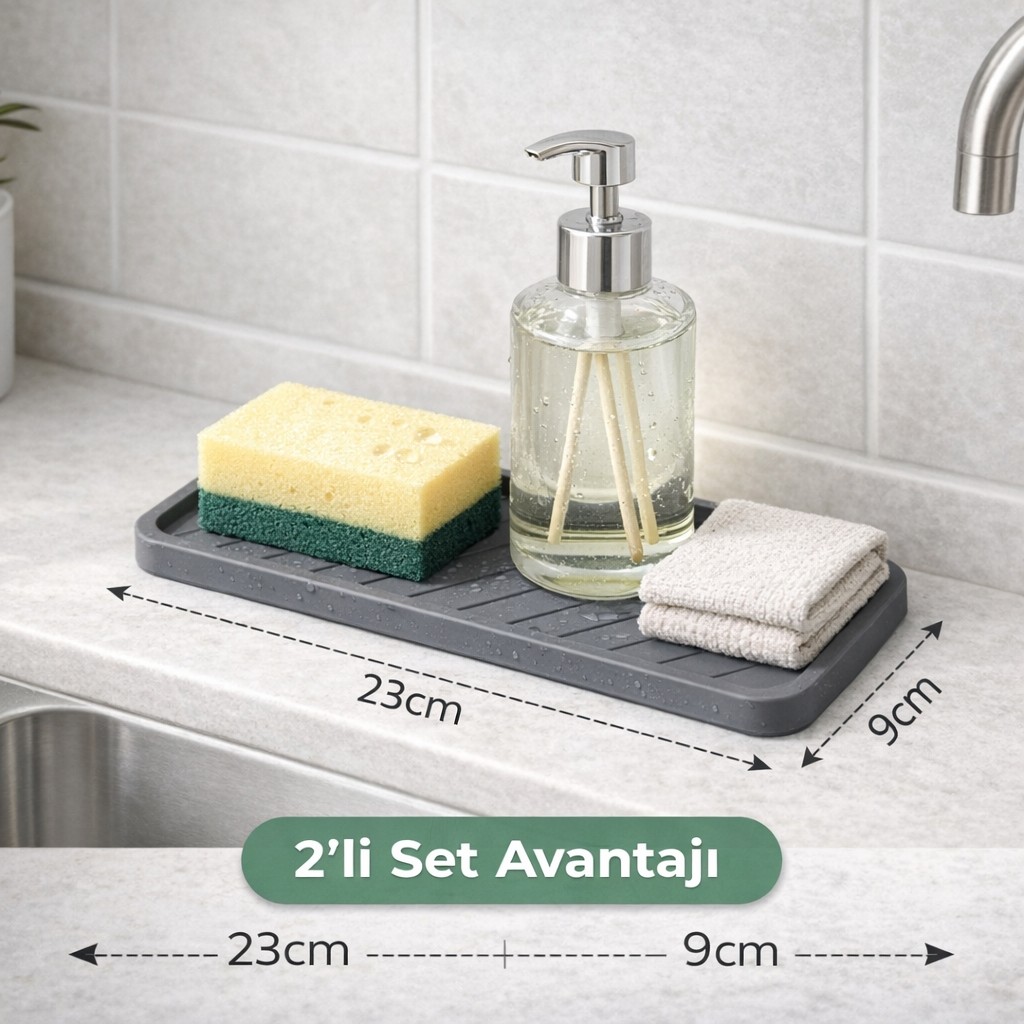 2' Li Su Tutucu Kaydırmaz Lavabo Organizer Mutfak Banyo Tezgah Üstü (23X9 Cm) - Gri Diğer Fiyatı