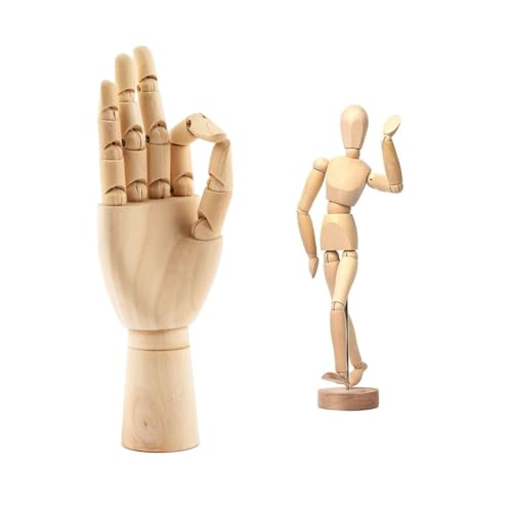 2-Pack 12" Art Drawing Hand Model,8" Artist Wooden Mannequin Figure Human People Dolls Manikin Supplies Stop Motion Figure Kit,Wooden Tools Posable Figure for Drawing,Painting,Sketching