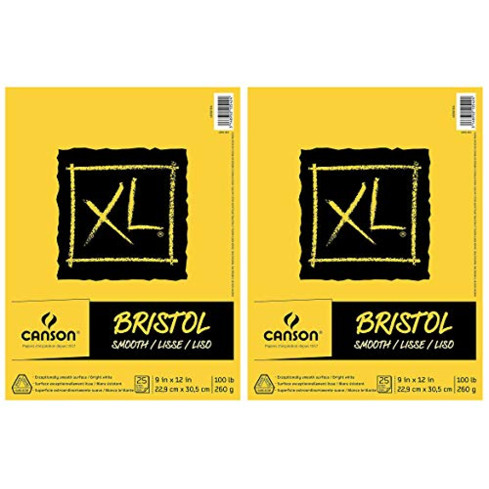 2-Pack - Canson XL Series Bristol Pad, Heavyweight Paper for Ink, Marker or Pencil, Smooth Finish, Fold Over, 100 Pound, 9 x 12 inch, Bright White, 25 Sheets