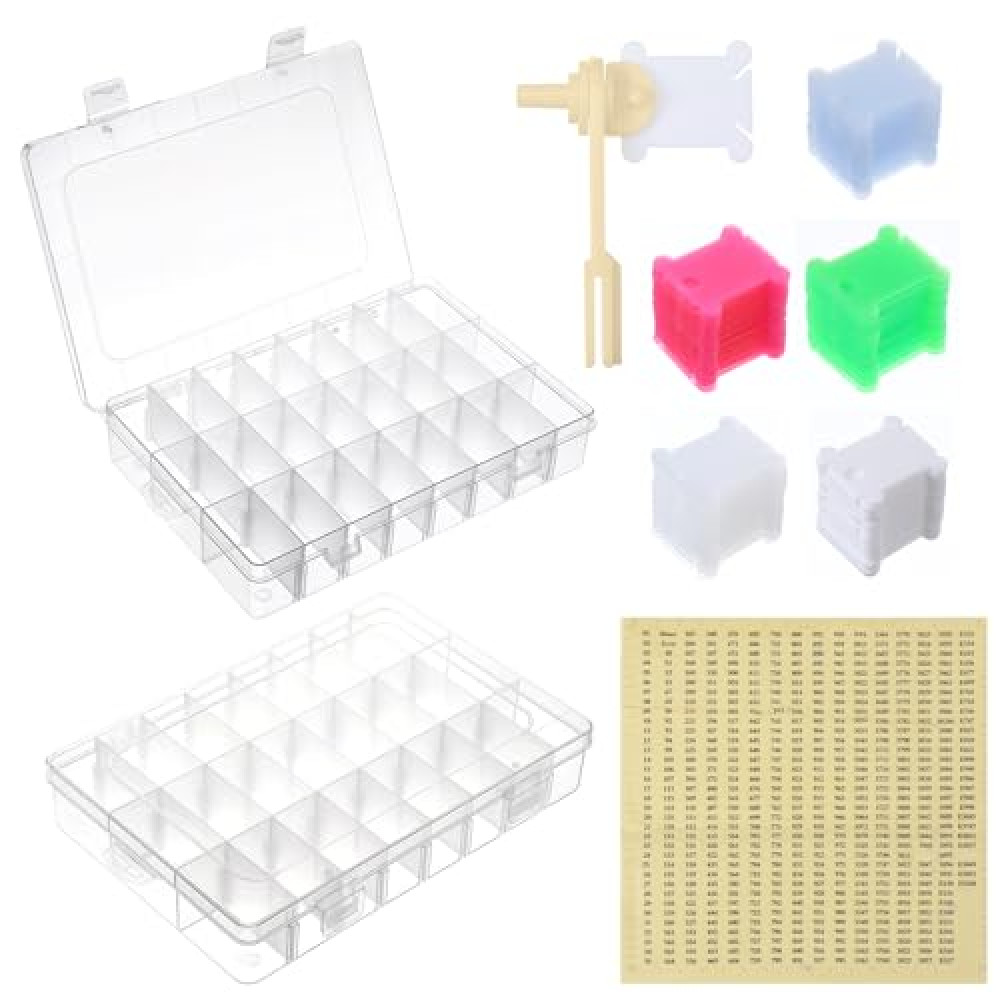 2 Pack Embroidery Floss Organizer with 24-Grid Detachable Boxes, Embroidery Thread Storage Set Includes 1 Winders, 300 Bobbins & 2 Number Stickers for Crafting