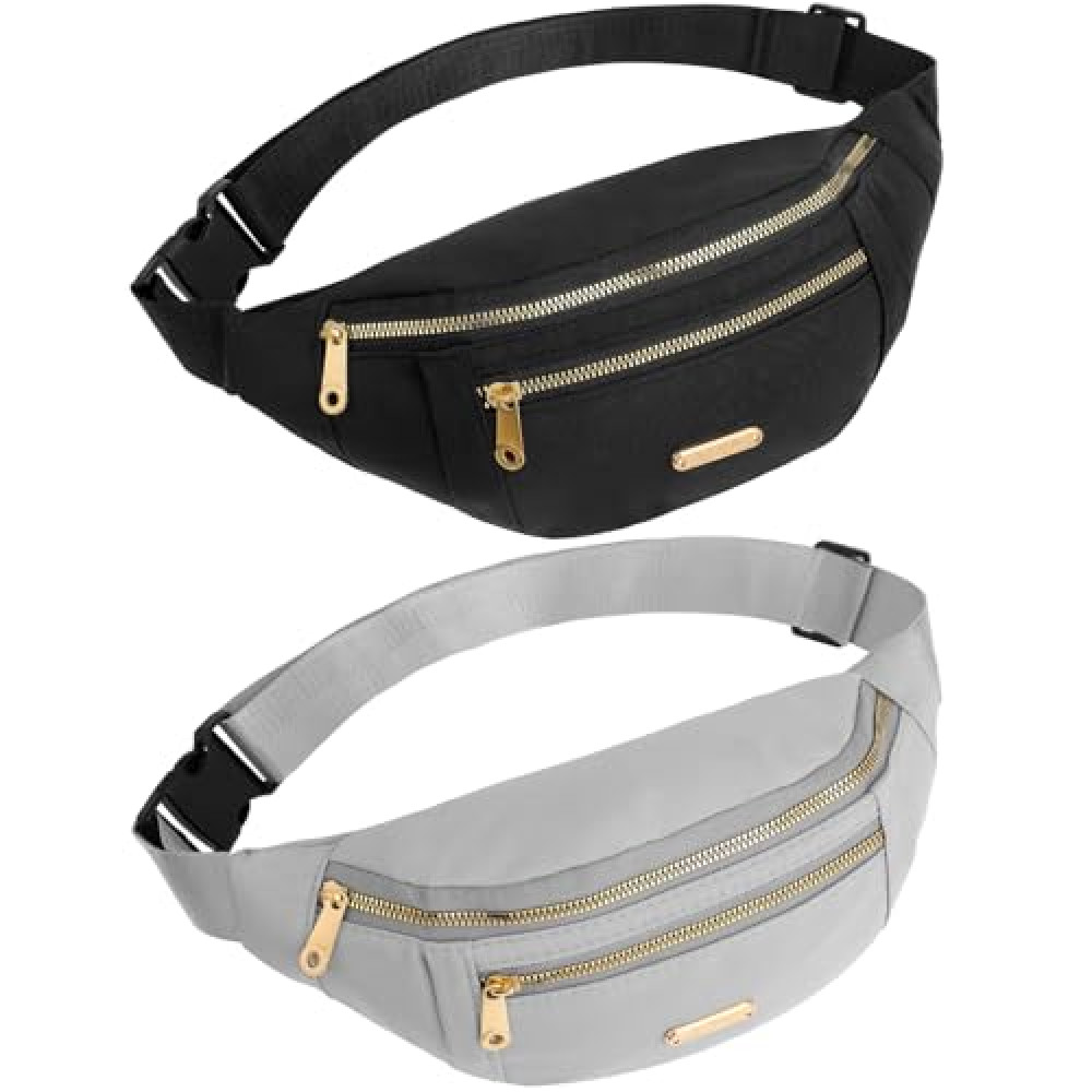 2 Pack Fanny Pack Fashion Waist Bag, Adjustable Bum Bag Travel Casual Bum Bag with 3 Zipper Pockets and Adjustable Belt for Women Men Sports Running Hiking Jogging Gifts(Black and Grey)