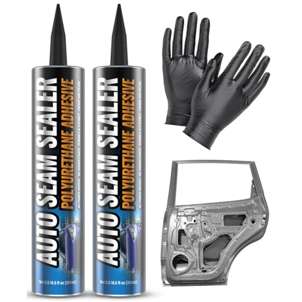 [2 Pack] Professional Automotive Seam Sealer, Paintable Quick-Set Polyurethane Auto Body Seam Sealer for Metal Surfaces of Cars, Trucks, Etc, Includes Gloves & Tip - White RV Roof Sealant
