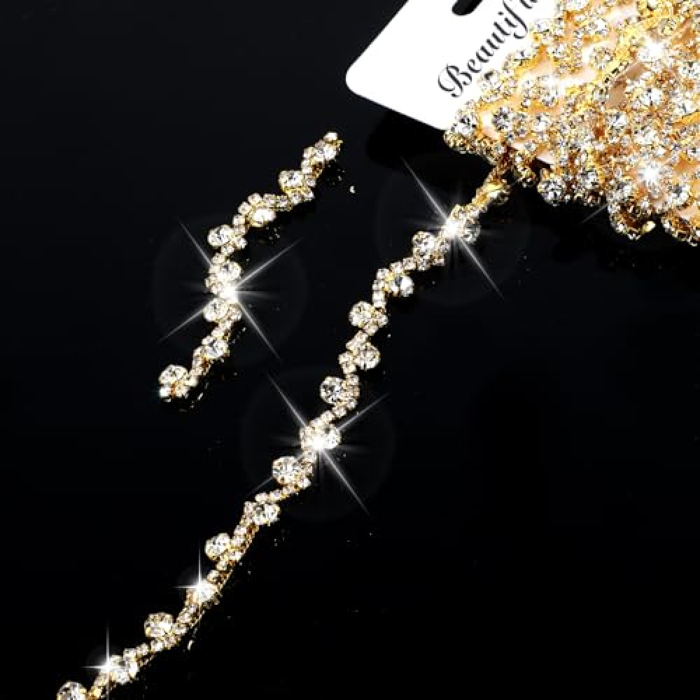 2 Yards Rhinestone Trim Crystal Applique Strips Clothes Bling Sewing Embellishments Rhinestone Trim String for Crafts Gold Crystal Chain for DIY Wedding Cake Jewelry Necklace Bags Parties Bouquet