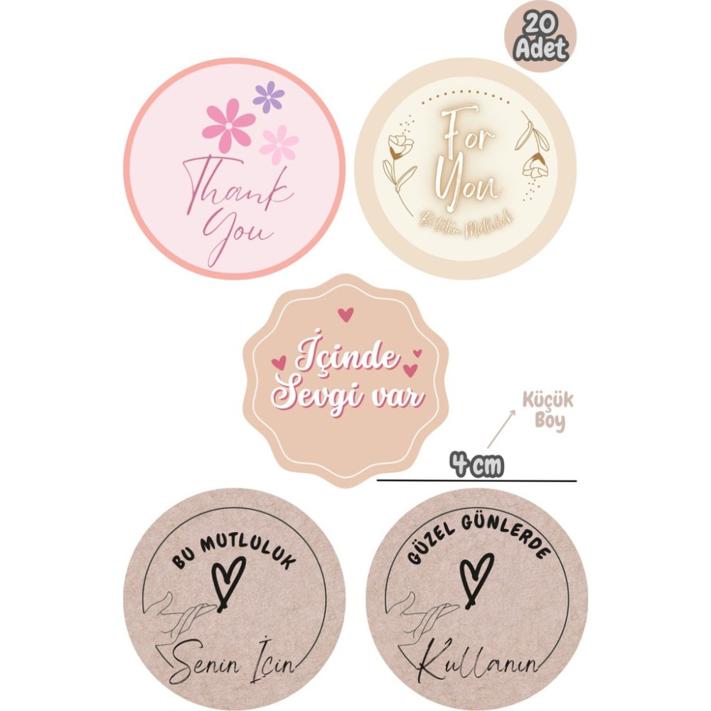 20 Adet (5 Farklı Çeşit) Karışık Etiket Paketleme Etiketi Hediye Etiketi Sticker -4 Cm-(Model 10) Okul Etiketi Fiyatı
