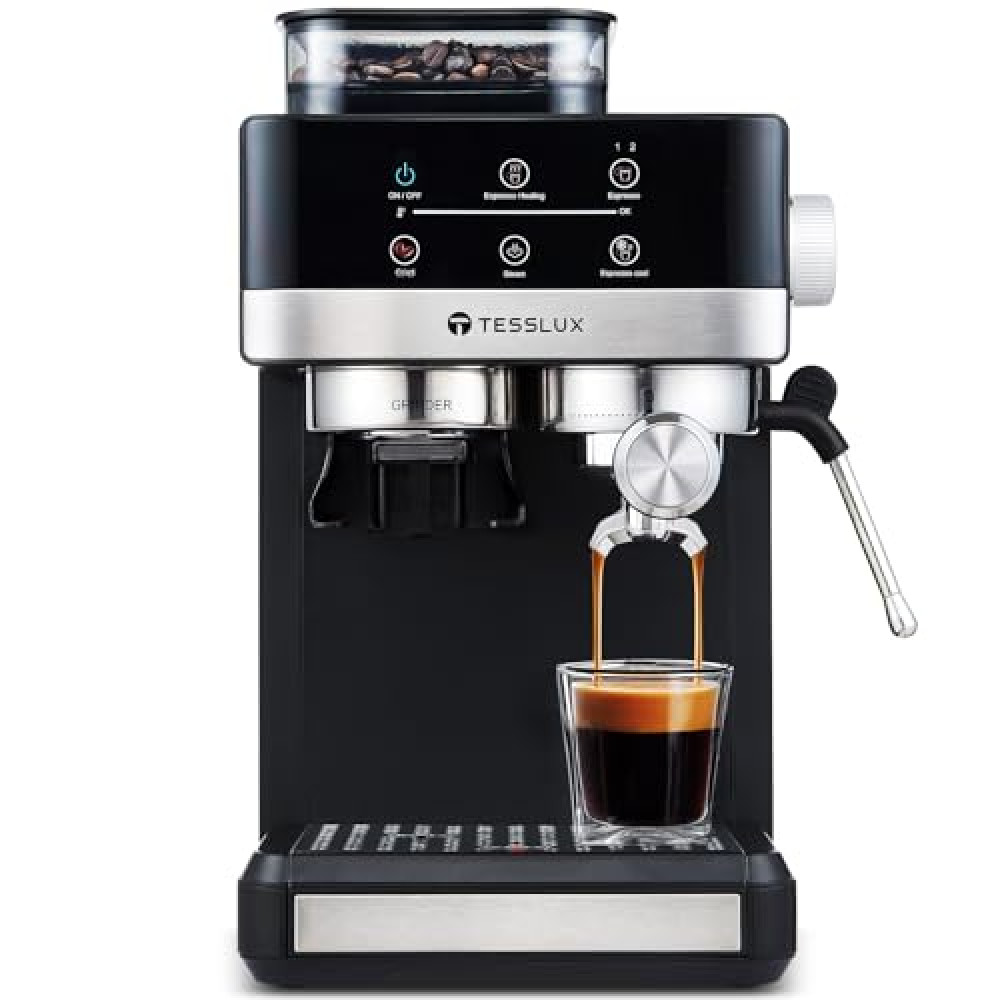 20 Bar Espresso Machine with Grinder, 20 Grind Settings, Hot & Cool Brew Functionality, Powerful Frothing System, Compact Design - Perfect for Home Baristas