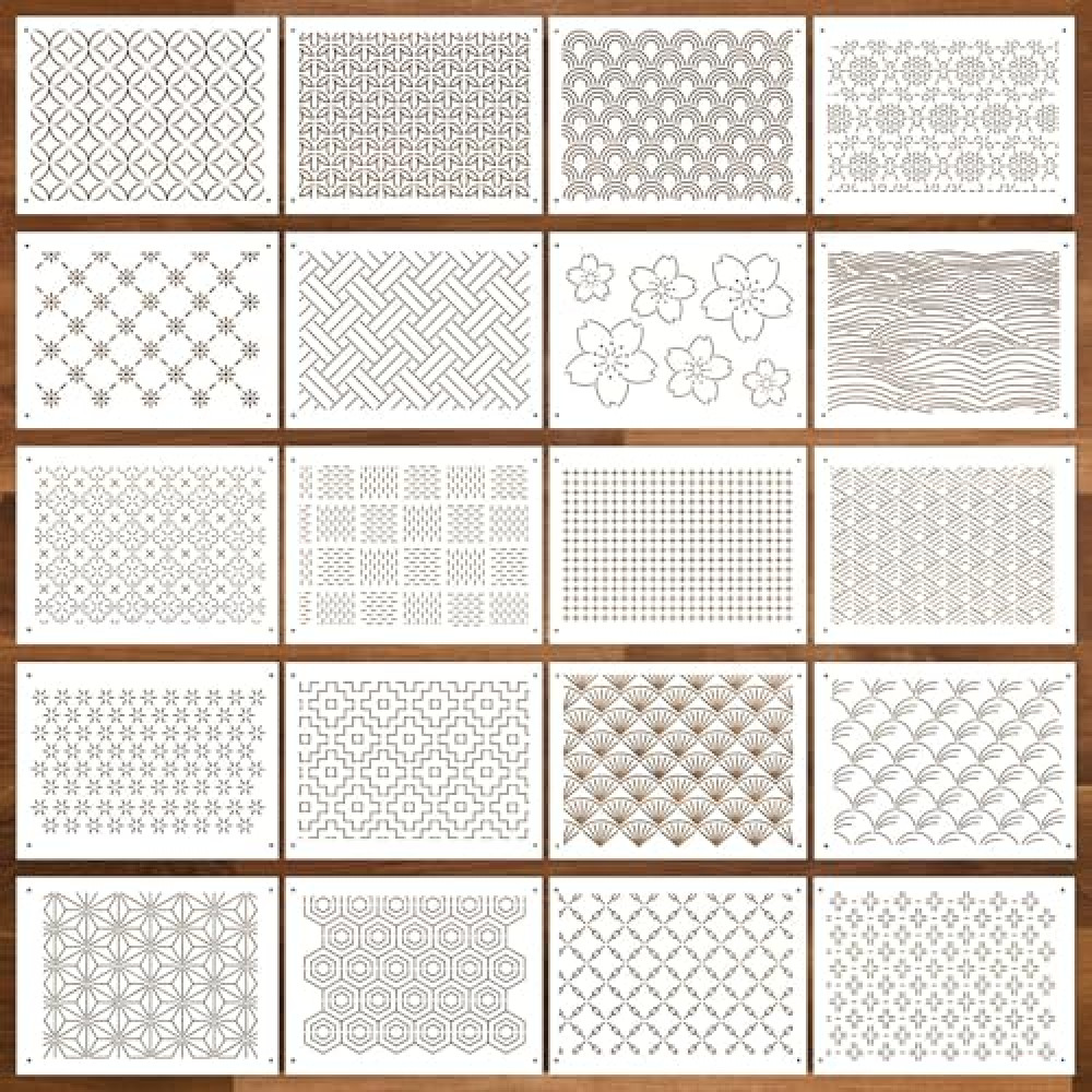 20 Pcs Plastic Sashiko Stencil 8.3 x 5.9 Inch Sashiko Template Drawing Line Quilting Stencil Geometric Embroidery Pattern Stabilizers for Sewing Hand Quilting and Embroidery