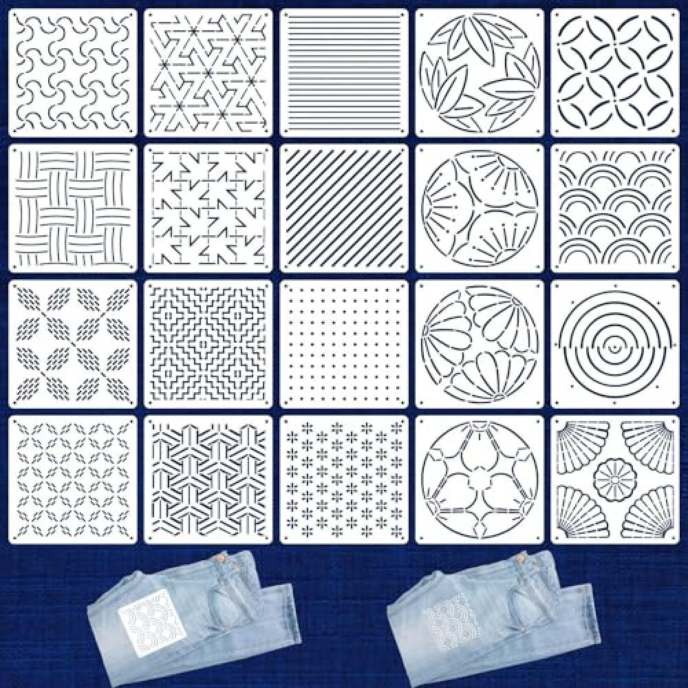 20 Pcs Sashiko Stencils 5.1 x 5.1 Inch Plastic Sashiko Template Pattern Geometric Embroidery Stabilizers Drawing Line Template for Hand Quilting Sewing