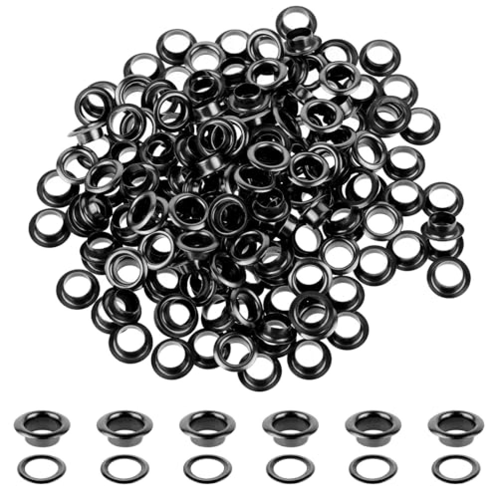 200 Sets Black Metal Eyelets, 1/4 Inch Grommets Eyelets with Washers Eyelets and Grommets Kit Round Inner Hole Grommets Eyelet Kit for Fabric Clothing Canvas Shoes Bead Cores Leather and Bag (Black)