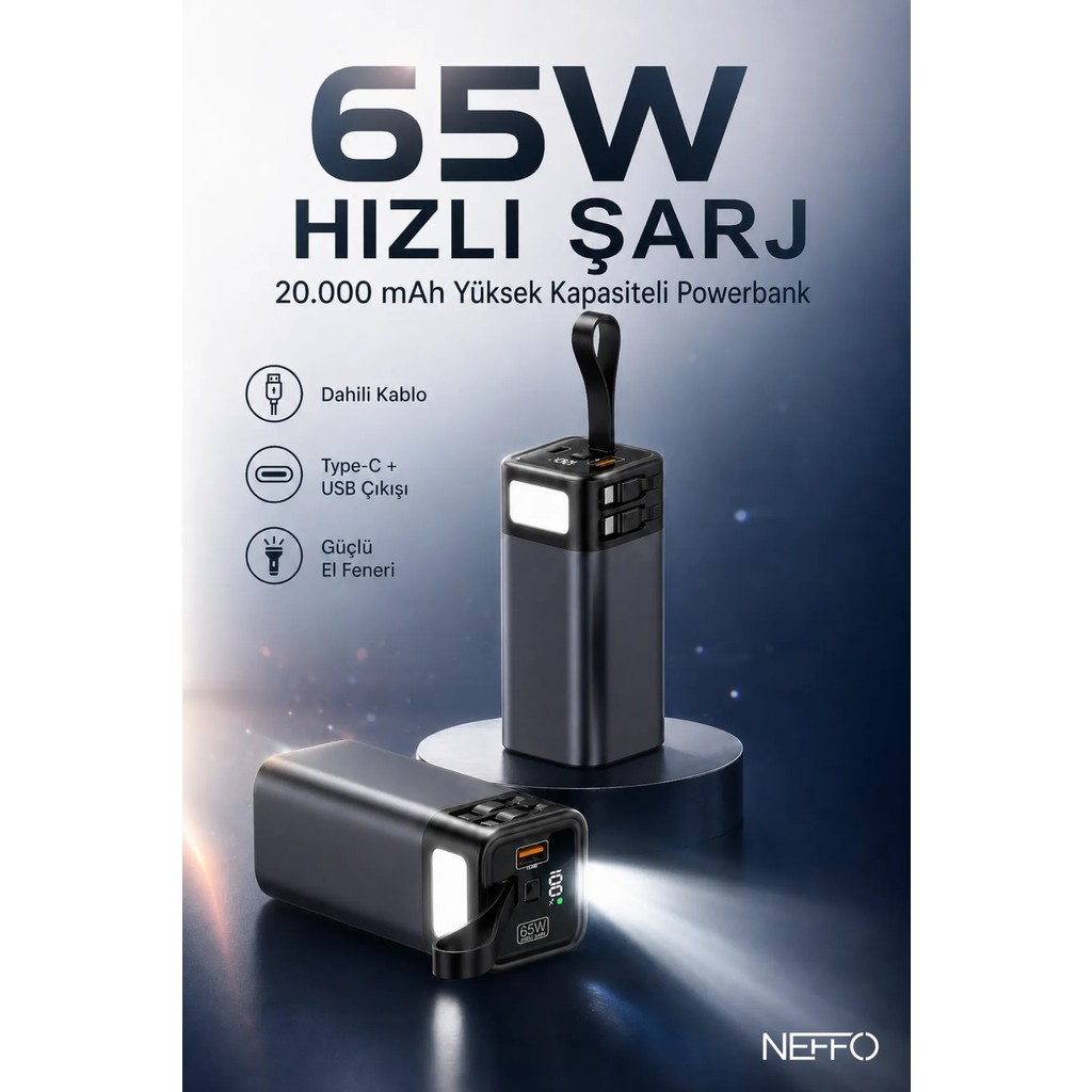 20.000 Mah 65 Watt Hızlı Şarj LED Işıklı Dahili Kablolu Powerbank | Type-C + USB Çıkışlı | Yüksek Kapasiteli Şarj Cihazı - Siyah Bilgisayar Çevirici ve Adaptörü Fiyatı