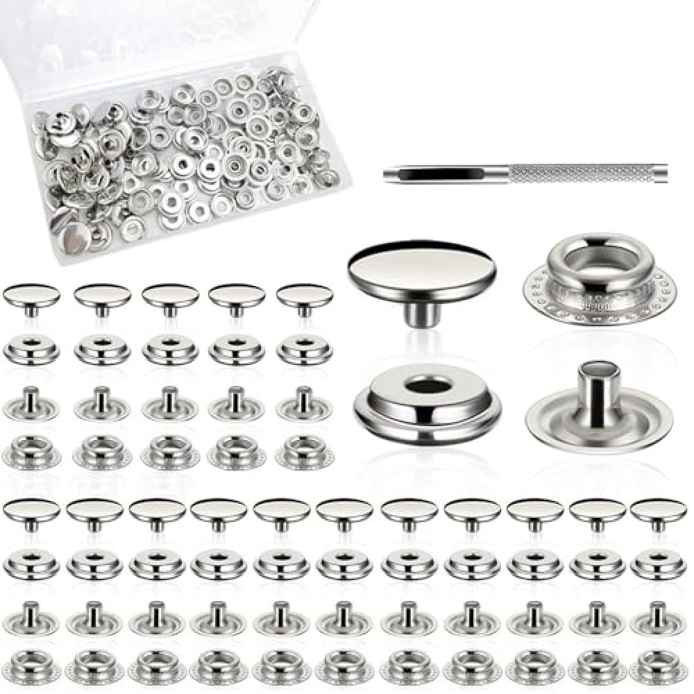 200pcs(50 Sets) 15mm Heavy Duty Stainless Steel Snap Buttons Kit | Marine Grade Rustproof Fasteners with Setting Tool | for Boat Canvas, Leather, Clothing, Tents, Furniture Covers