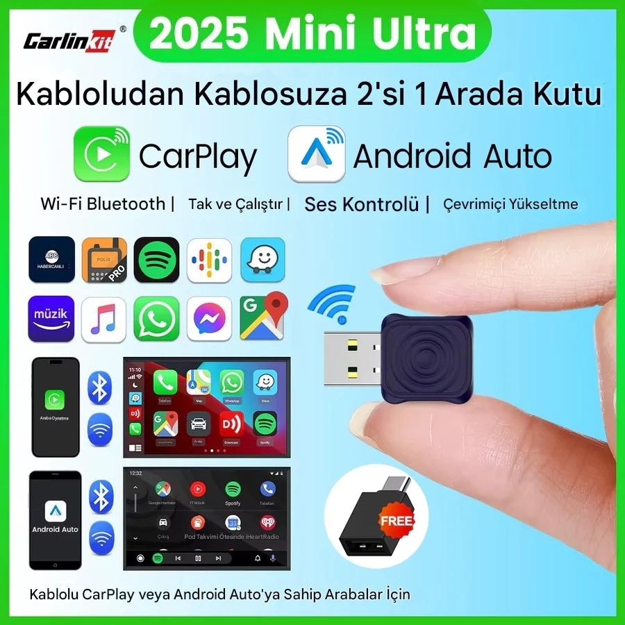 2025 Mini Ultra 5.0 Kablosuz Carplay & Android Auto Adaptör Tak Çalıştır Dual Wifi Hızlı Bağlantı Diğer Fiyatı
