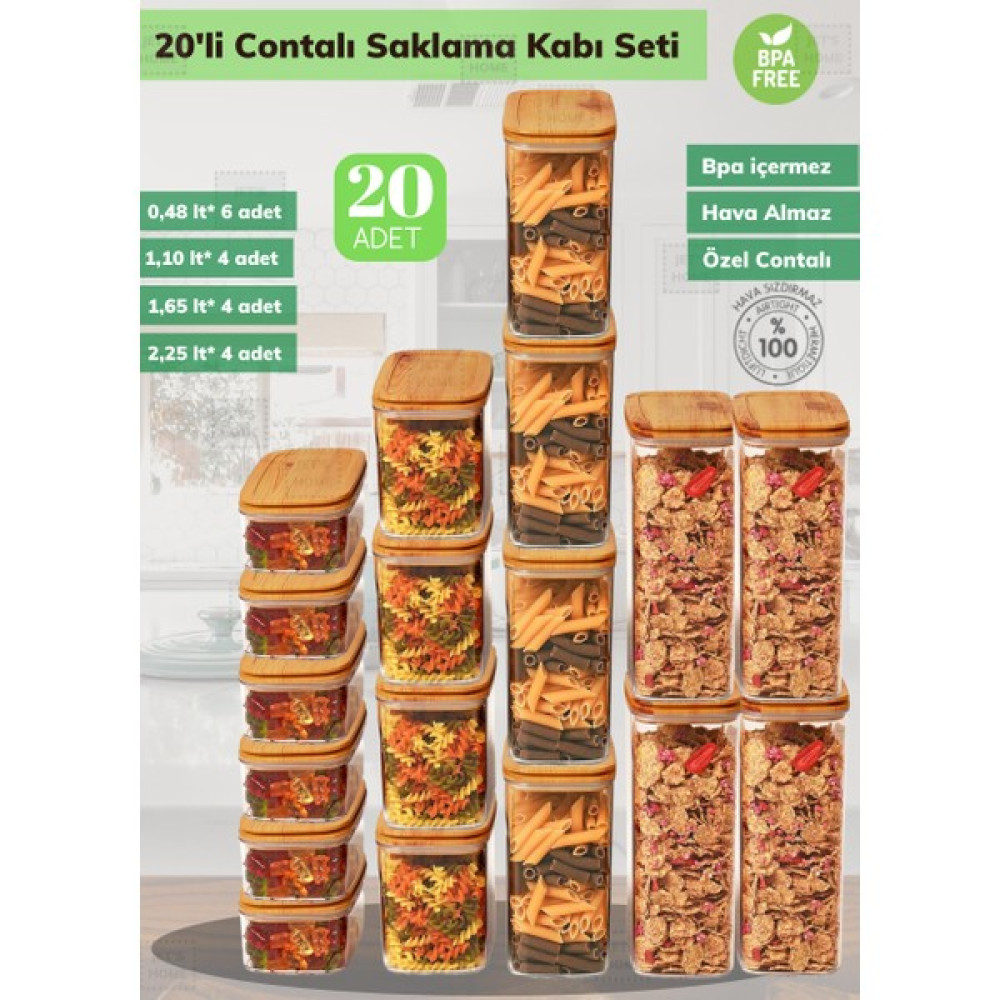 20’li Bambu Contalı Saklama Kabı Seti Erzak Kabı 6*0,48 Lt / 4*1,10 Lt / 4*1,65 Lt / 4*2,25 Lt - 20 Adet Saklama Kapları Fiyatı