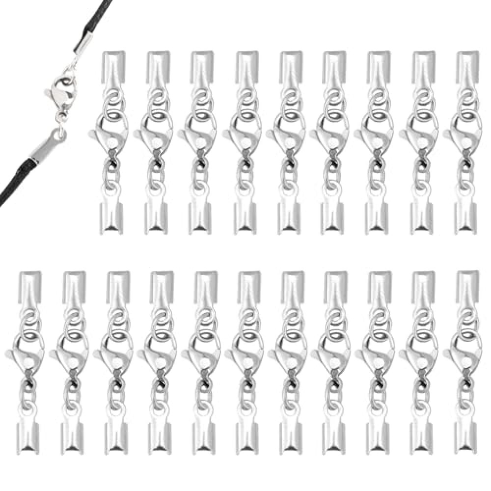 20Pcs Cord End Caps with Lobster Clasp Connector Leather Bracelet Clamp Ends Fold Over Cord End Caps Necklace Cord Ends for Jewelry Making Leather Necklace Cord with Clasp DIY Bracelets Necklaces