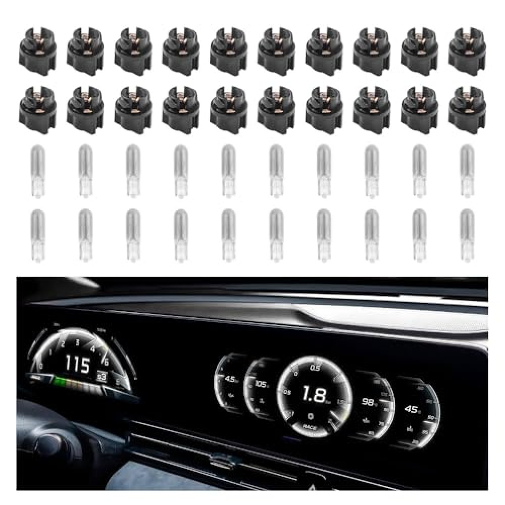 20PCS T5 17 57 79 86 Halogen Instrument Cluster Bulbs with 20PCS Bulb Sockets,12V Dash Light Bulbs for Speedometer,Tachometer,Gauge Cluster,Universal Car Dashboard Light Bulbs (White)