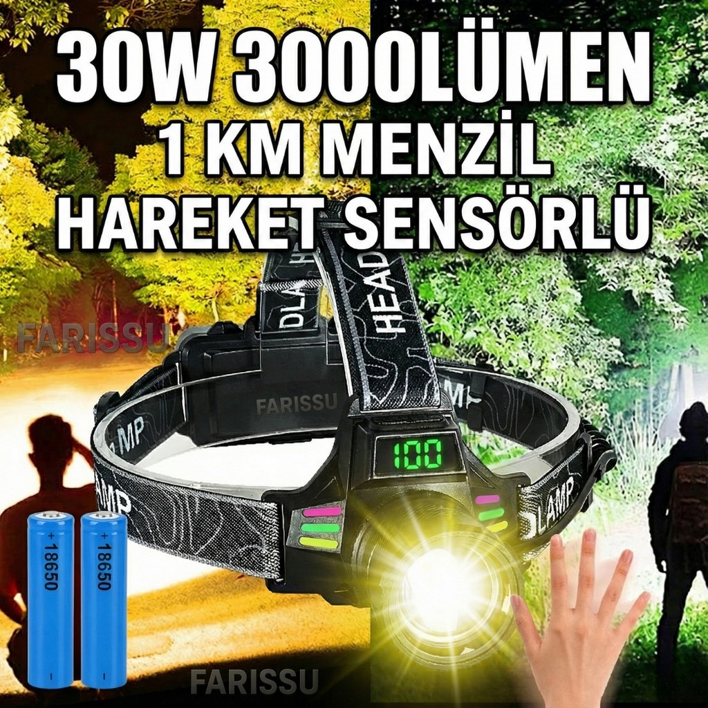 212 Farissu Ultra Güçlü 30W LED Sensörlü Kafa Lambası - 3000 Lümen, Dijital Şarj Göstergeli, Type-C Şarjlı Bilgisayar Çevirici ve Adaptörü Fiyatı