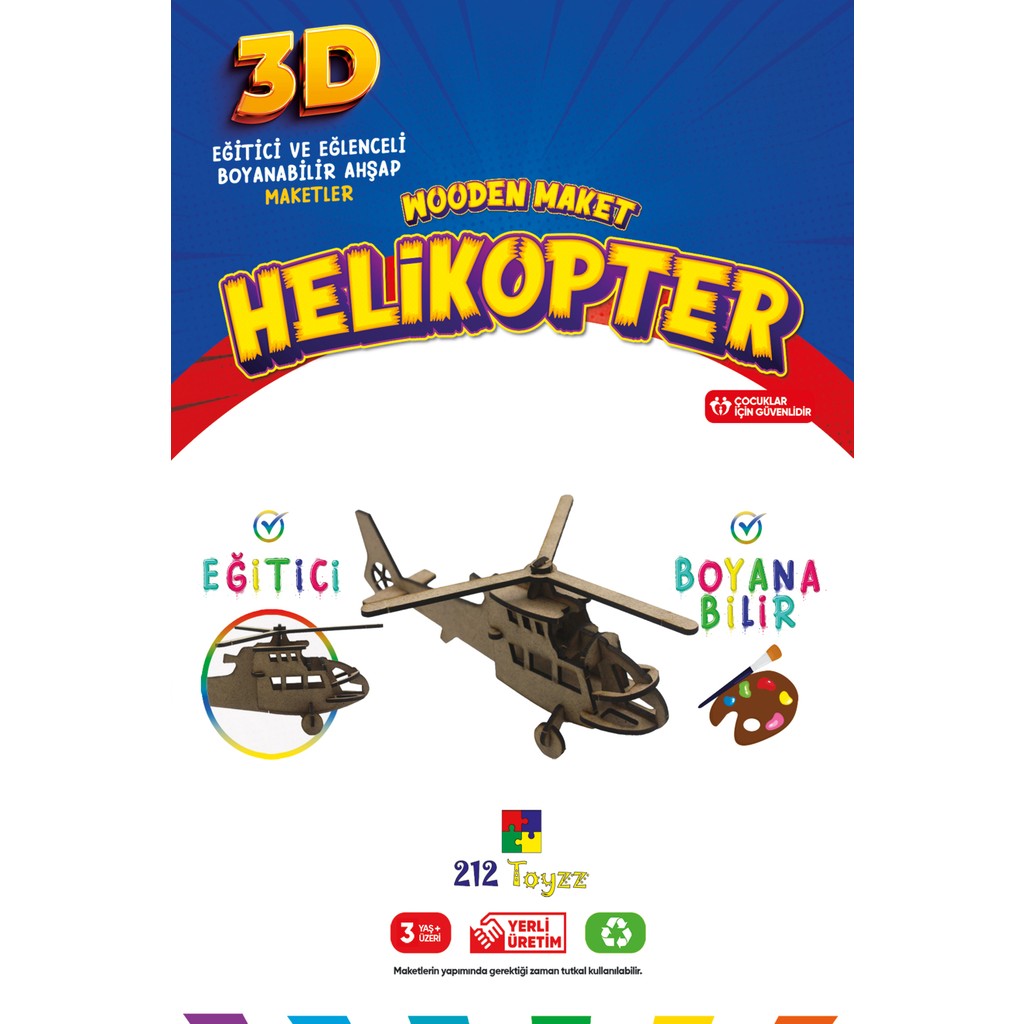 212 Toyzz 212TOYZZ 3D Boyanabilir Ahşap Helikopter Maketi - Çocuklar Için Eğitici Oyuncak - Naturel Ahşap Anne Bebek Oyuncak Fiyatı