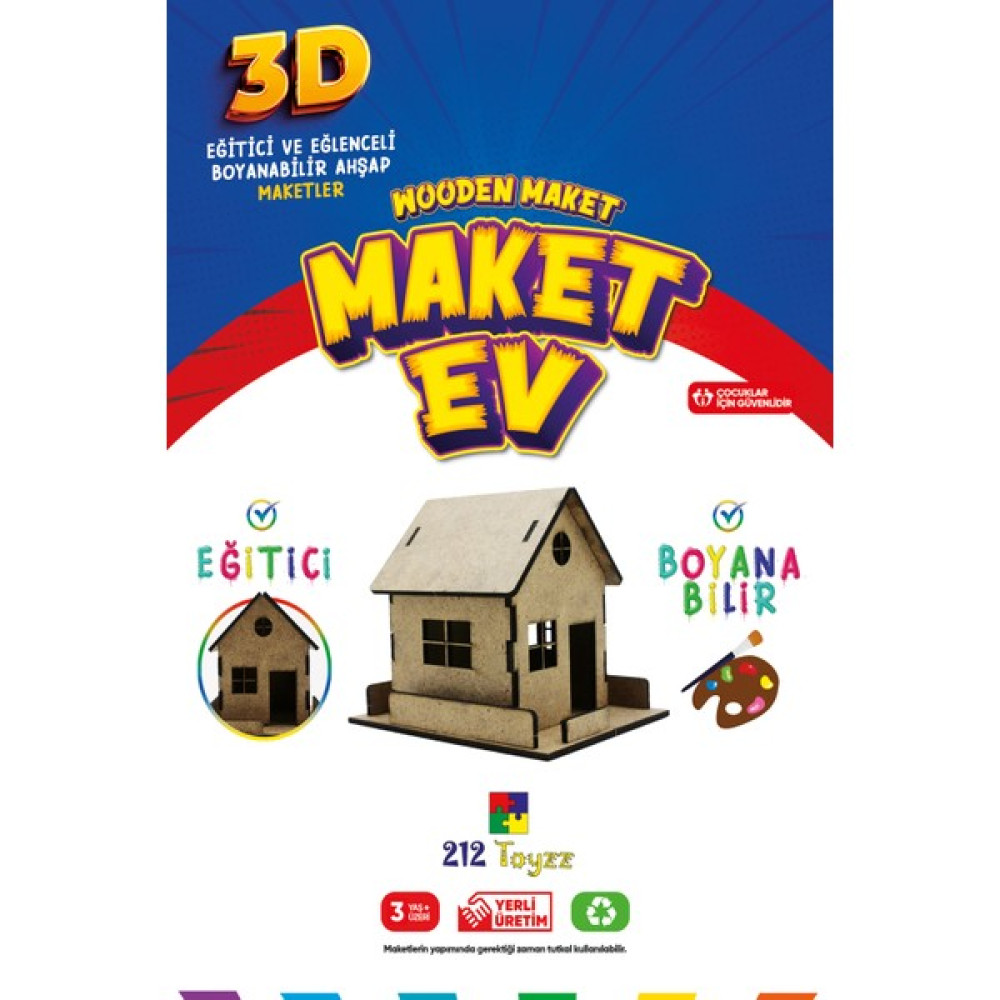 212 Toyzz 212TOYZZ 3D Boyanabilir Ahşap Maket Ev - Çocuklar Için Eğitici Oyuncak - Naturel Ahşap Bebek Oyuncakları Fiyatı