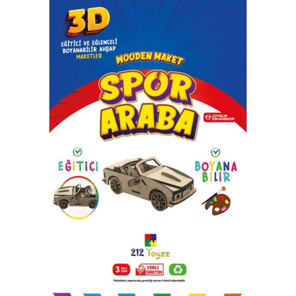 212 Toyzz 212TOYZZ 3D Boyanabilir Ahşap Spor Araba Maketi - Çocuklar Için Eğitici Oyuncak - Naturel Ahşap Bebek Oyuncakları Fiyatı