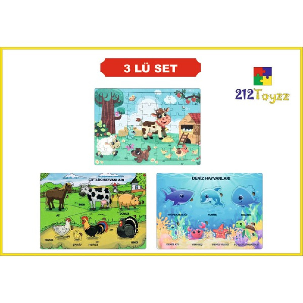 212 Toyzz Ahşap Eğitici Öğretici Yapboz 3lü Set Deniz Hayv-çiftlik Hayv.koyun Puzzle Eğitici Oyuncak Fiyatı