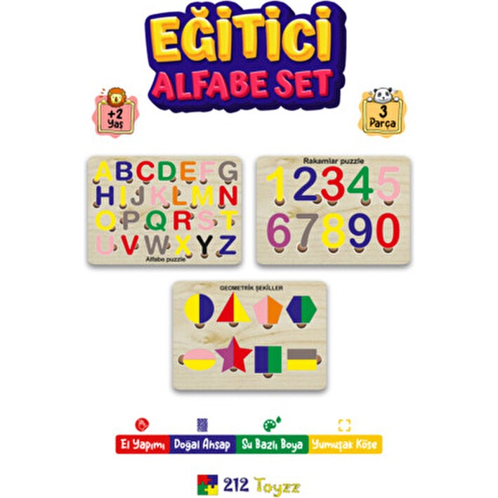 212 Toyzz Ahşap Puzzle Alfabe Set 3'ü 1 Arada Eğitici Geometri Sayılar 0-50 Parça 3+ Yaş Anne Bebek Oyuncak Fiyatı