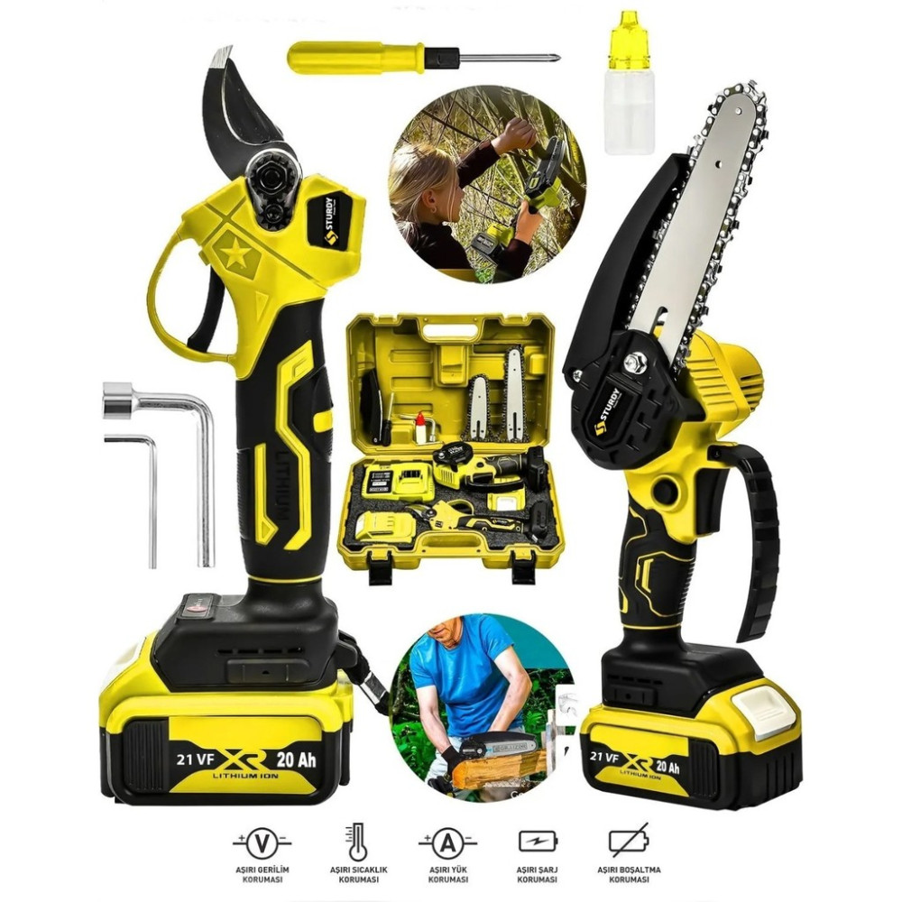 21VOLT Çift Akülü Çelik Şanzıman Dal Budama Makası & Testeresi 2 Li Set 2 Pala 2 Zincir Dal Budama Makineleri Fiyatı