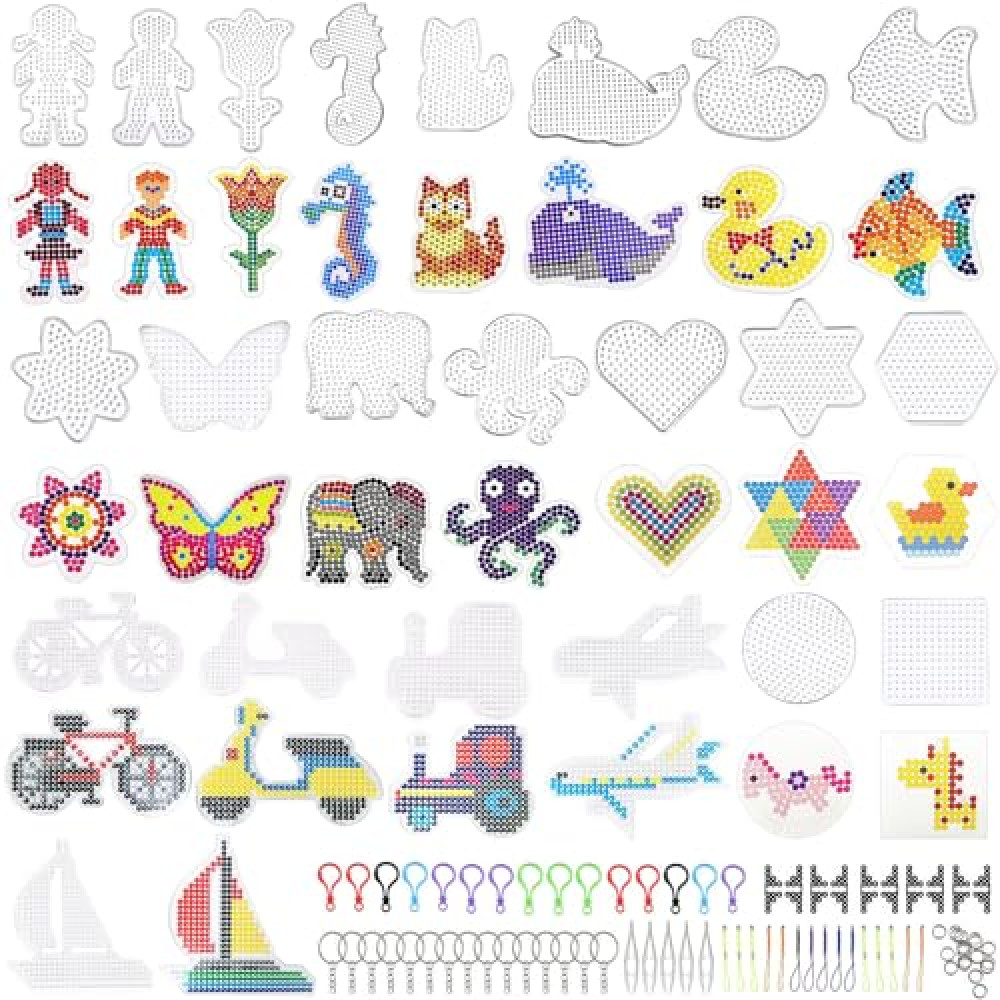 22 Pieces 5mm Fuse Beads Pegboards Clear Animal Shape Plastic Pegboards Craft Tray with 22Colorful Cards,5Tweezers,30Keychains,15Hang Ropes,22Small Hoops and 12Holders，for Youngster DIY Craft Beads