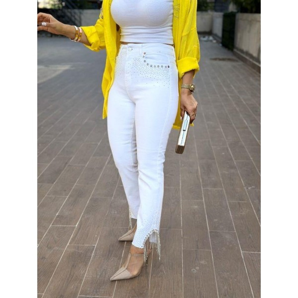 2302 Cep ve Paça Taşlı Likralı Jean Beyaz Bayan Jeans / Kot Pantolon Fiyatı
