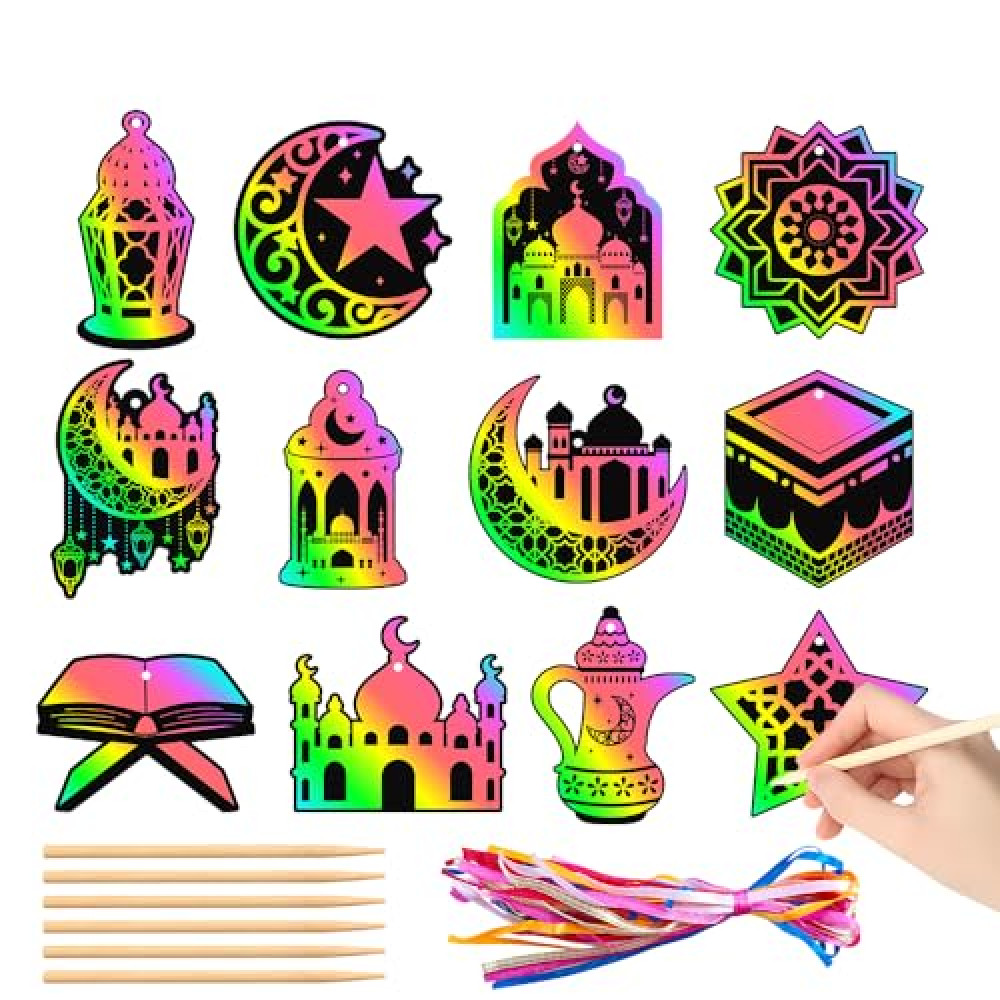 24 Pcs Ramadan Ornament Ramadan Party Favor, Eid Mubarak Party Gift Eid Craft Kit, Rainbow Scratch Paper Art Eid Mubarak Craft Kit Eid Mubarak Hanging Decoration Ramadan Kareem Moon Star Paper Pendant