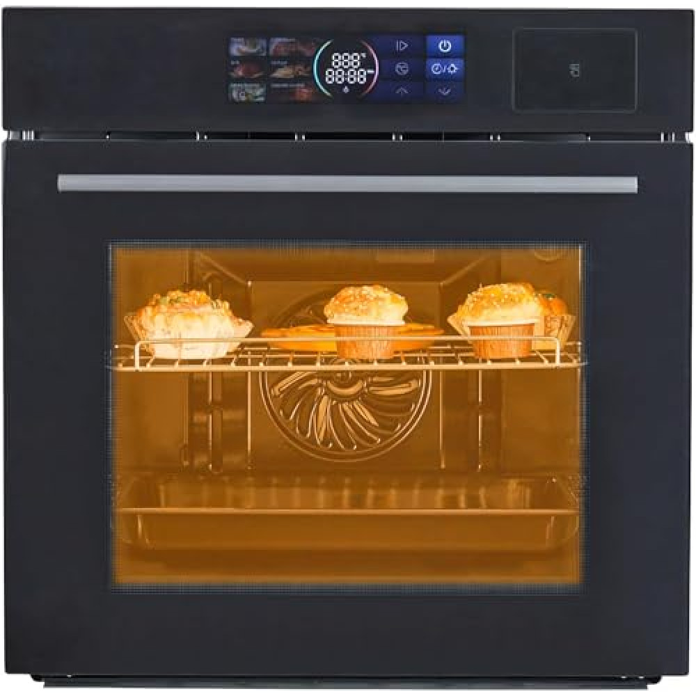 24" Single Wall Oven: Stainless Steel, Black, ETL Certified, 70L Built-In Electric, 3000W Power, 8 Cooking Functions & 108 Automatic Recipes, Led Touch Control