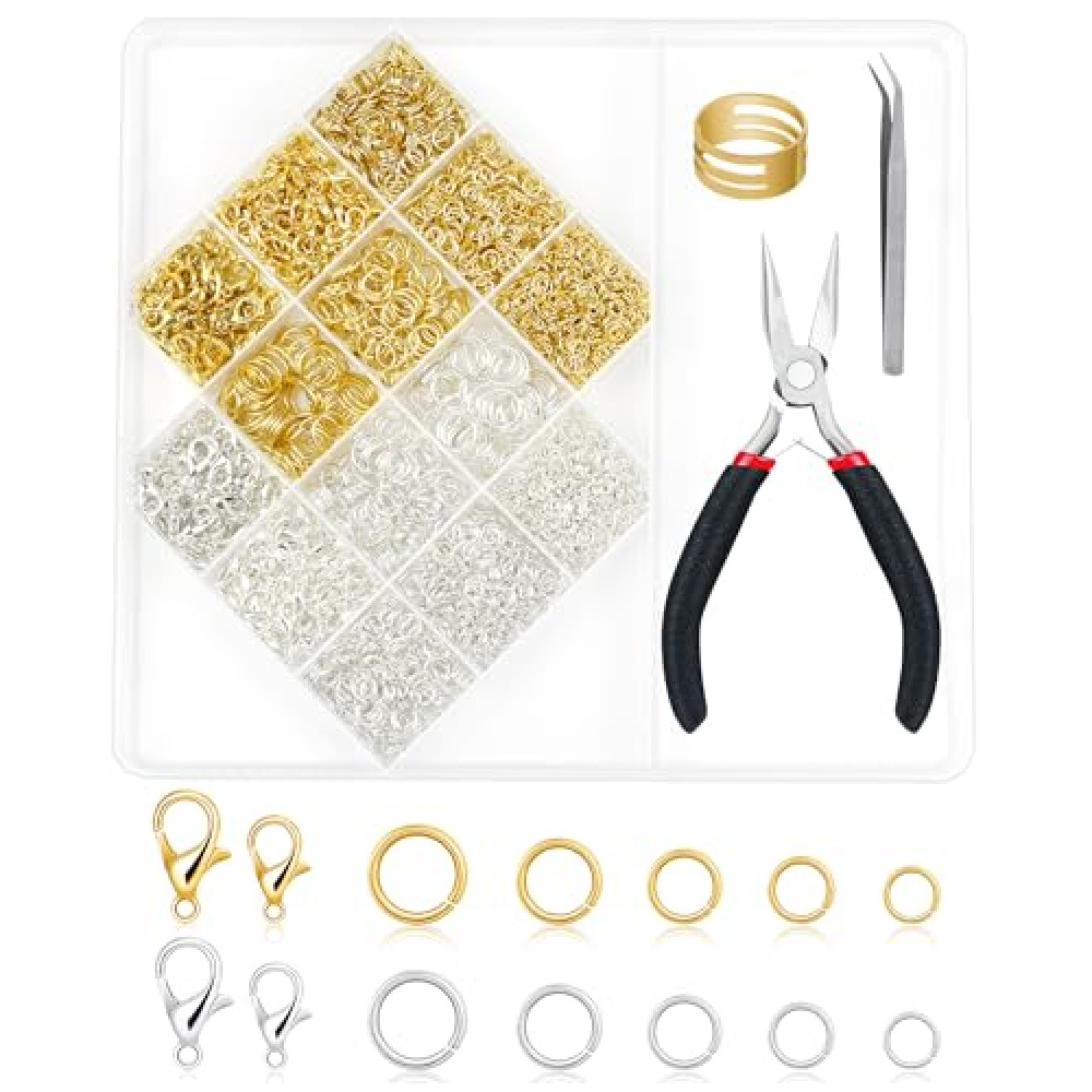 2400PCS FIVEIZERO Jump Rings Kit for Jewelry Making & Necklace Repair - Silver & Gold Jump Rings, Lobster Clasps, Pliers, Tweezer & Jump Ring Opener, Jewelry Repair Kit for Earrings and Charms